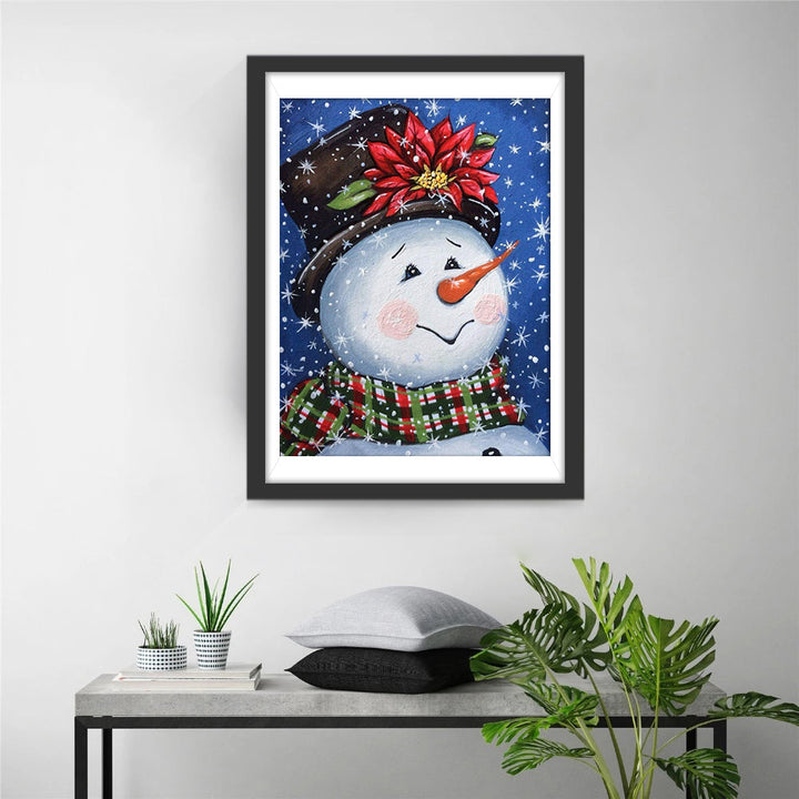 Een Sneeuwpop met een Zwarte Hoge Hoed en een Rode Bloem Diamond Painting