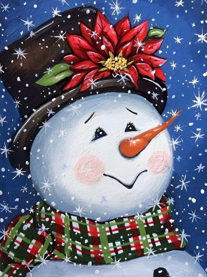 Een Sneeuwpop met een Zwarte Hoge Hoed en een Rode Bloem Diamond Painting