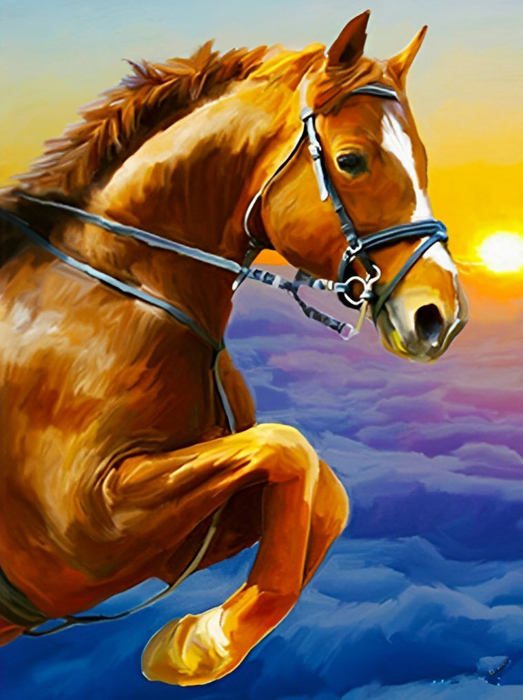 Een Springend Paard bij Zonsondergang Diamond Painting