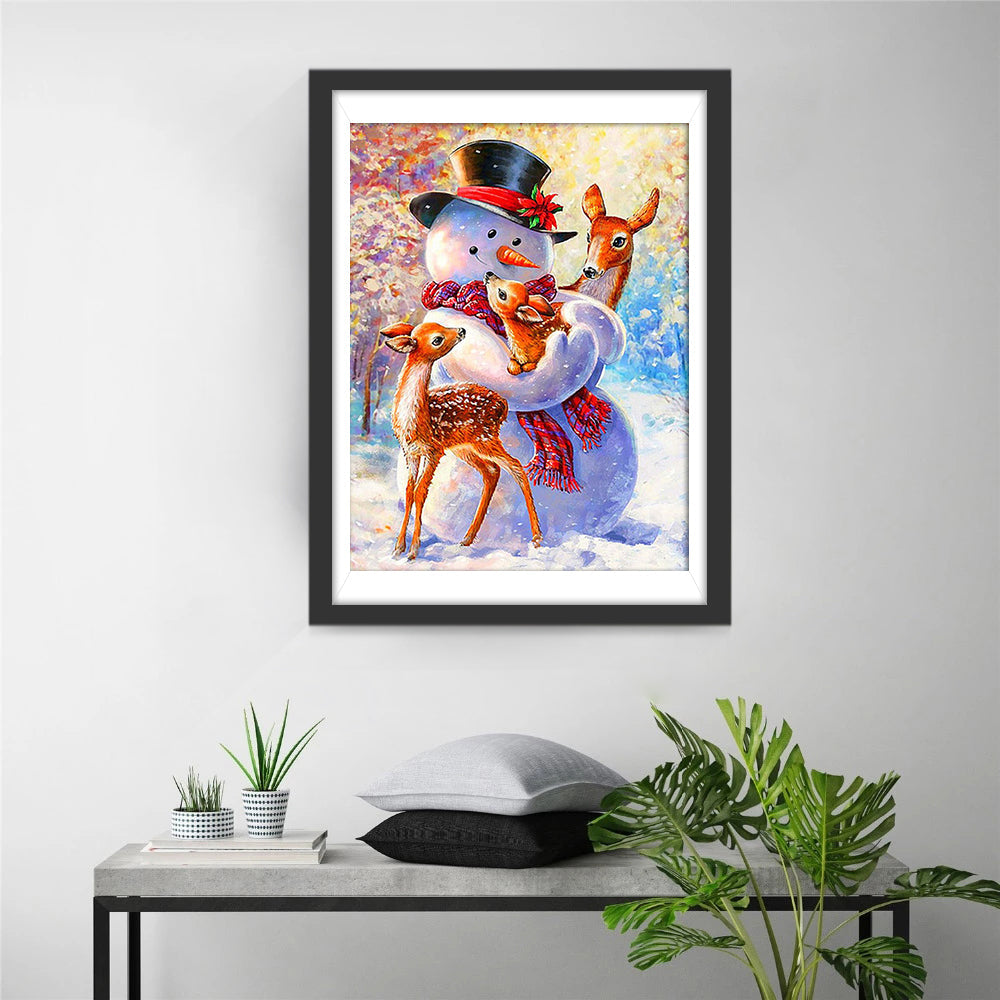 Een Sprookjesachtige Wintertaferel met Sneeuwman en Reeën Diamond Painting