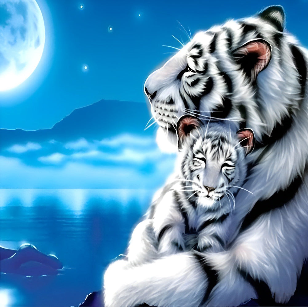 Een Tijger die een Kind in zijn Armen Houdt, Kijkt naar de Maan Diamond Painting
