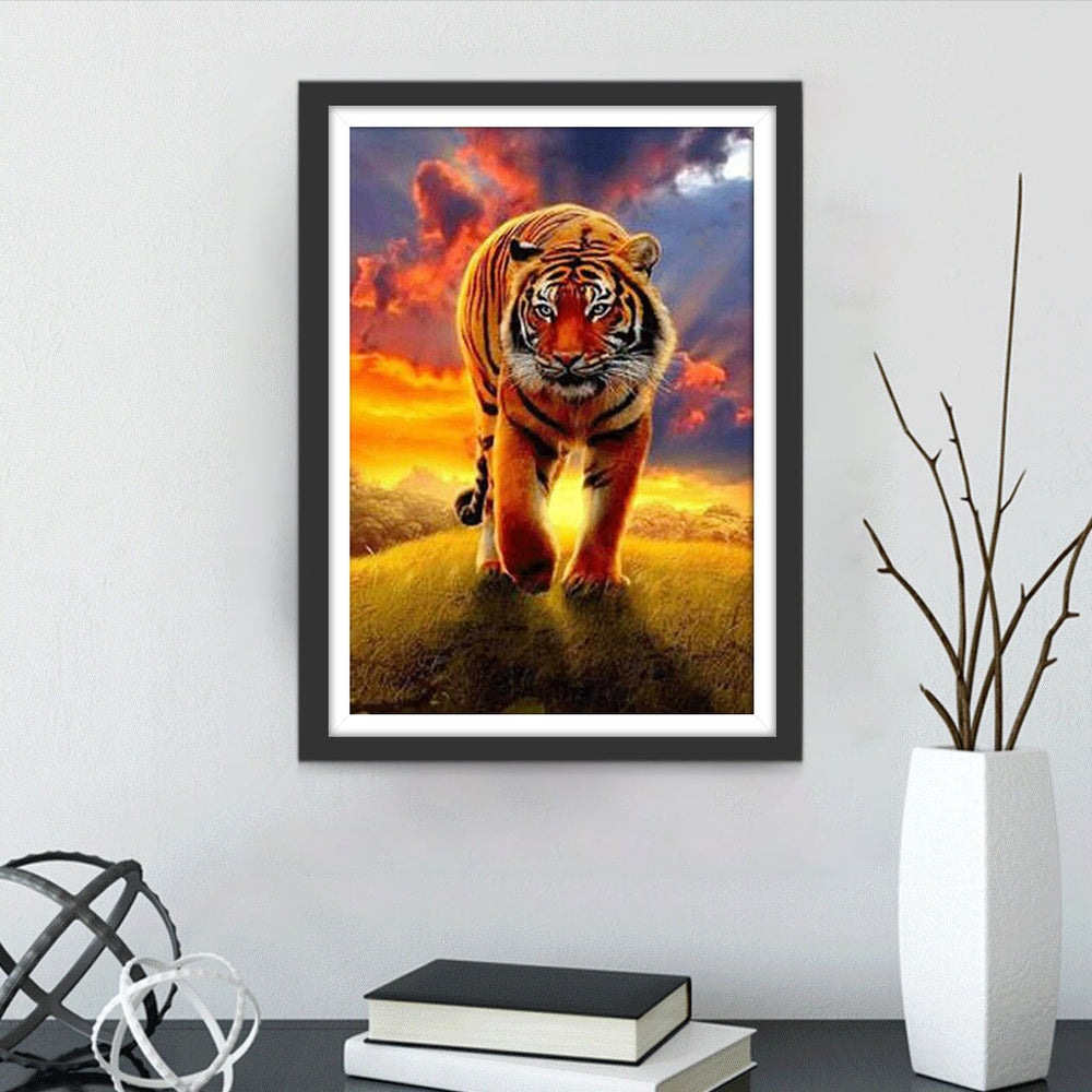 Een Tijger in het Gras onder de Zonsondergang Diamond Painting