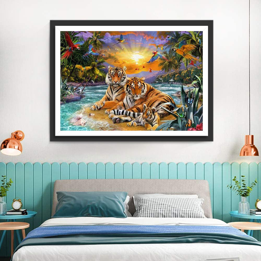 Een Tijgerfamilie aan de Oever van de Rivier Diamond Painting