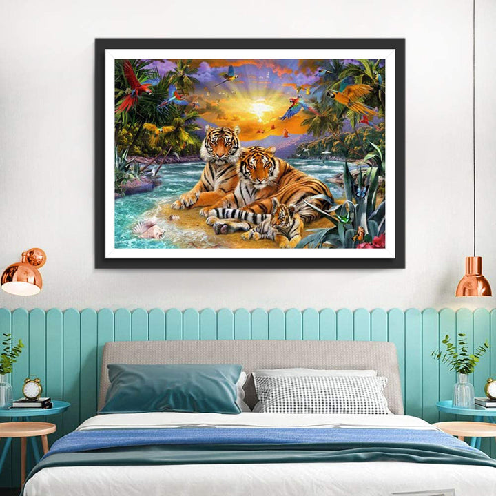Een Tijgerfamilie aan de Oever van de Rivier Diamond Painting