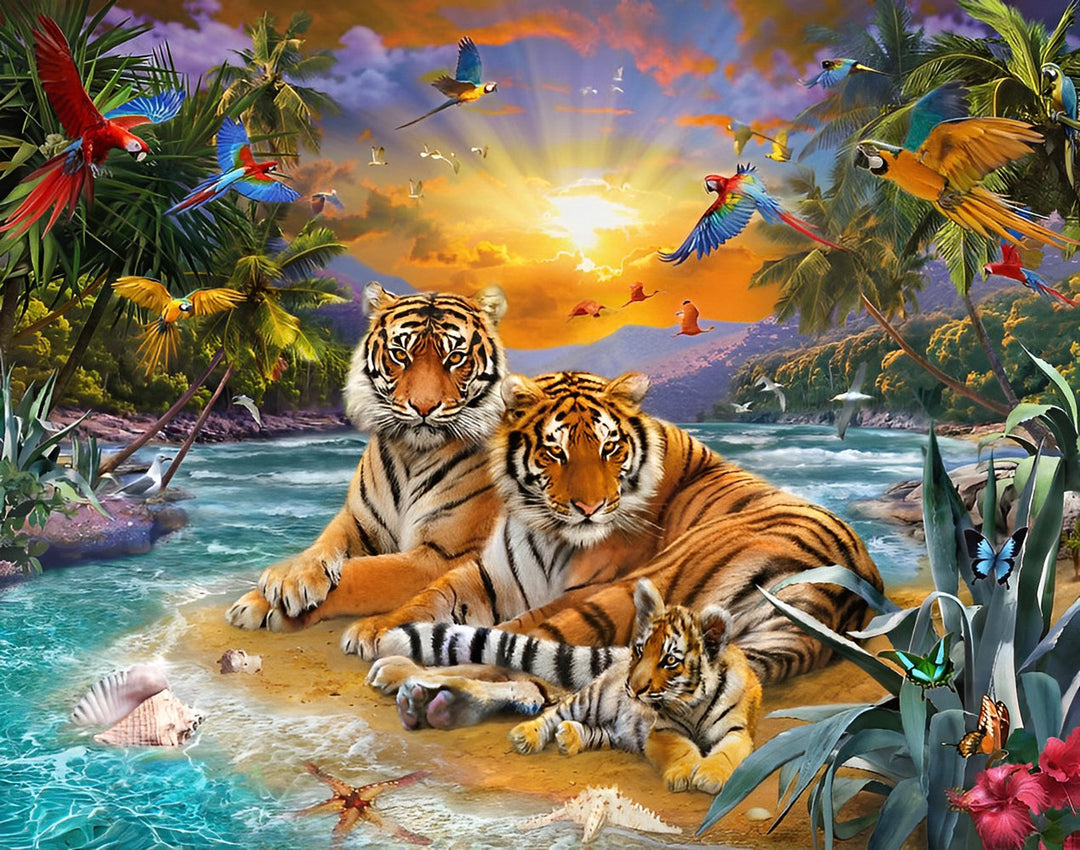 Een Tijgerfamilie aan de Oever van de Rivier Diamond Painting