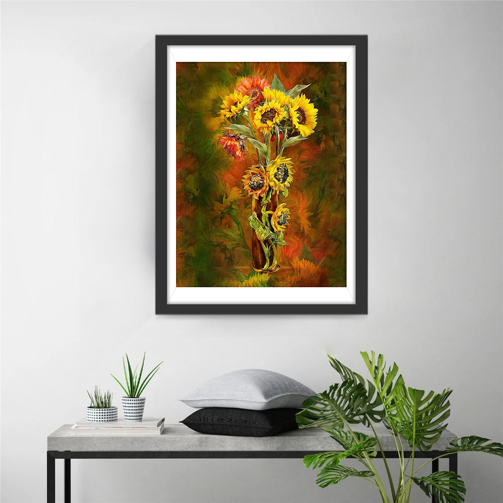 Een Tros Zonnebloemen tegen een Achtergrond van Bladeren Diamond Painting