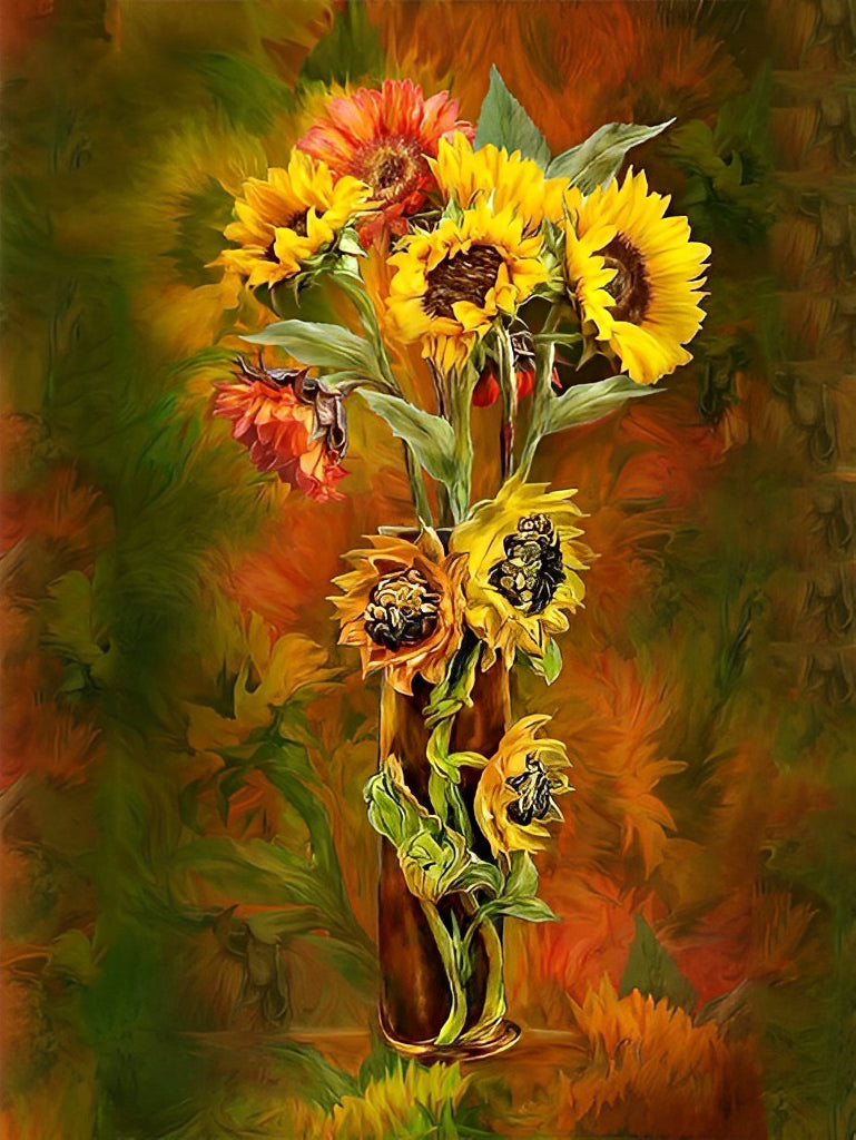Een Tros Zonnebloemen tegen een Achtergrond van Bladeren Diamond Painting