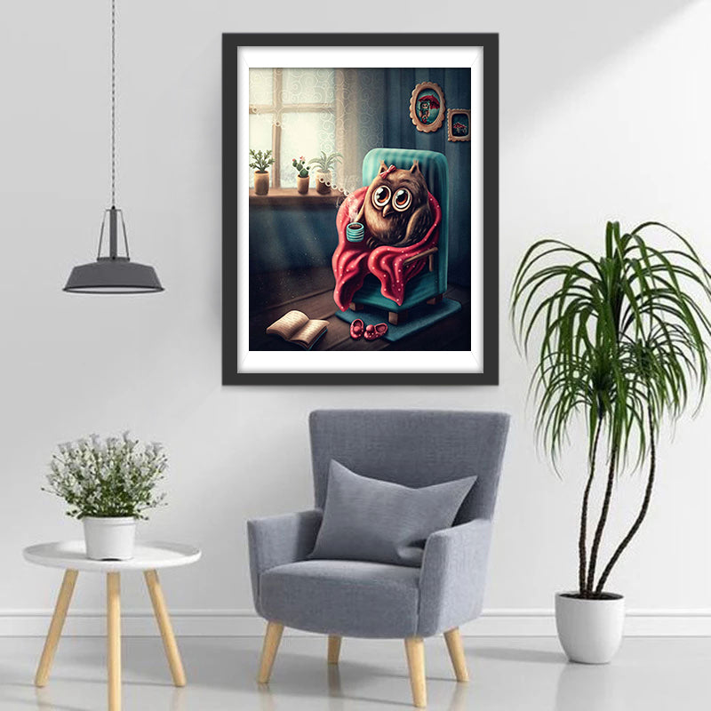 Een Uil Gewikkeld in een Deken en Thee Drinkend Diamond Painting