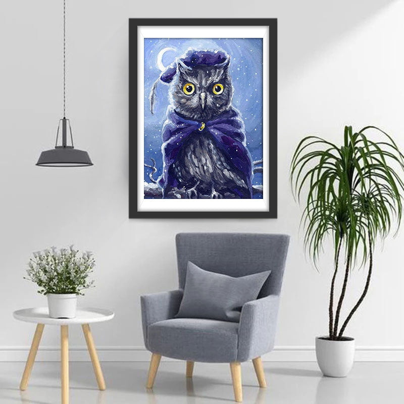 Een Uil in een Paars Tovenaarskostuum Diamond Painting
