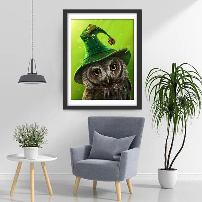 Een Uil met een Kikker en een Bel op zijn Hoed Diamond Painting