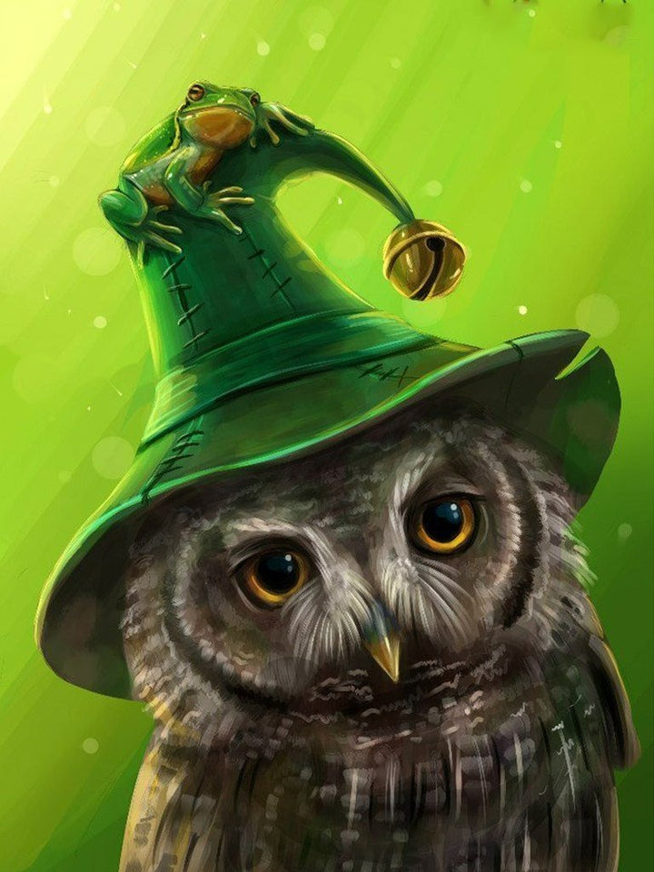 Een Uil met een Kikker en een Bel op zijn Hoed Diamond Painting