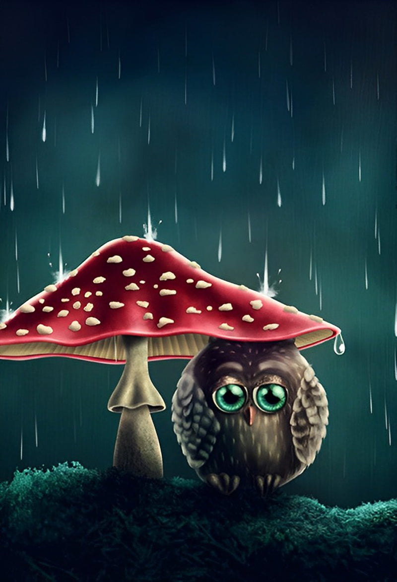 Een Uil Verstopt zich voor de Regen onder een Paddenstoel Diamond Painting