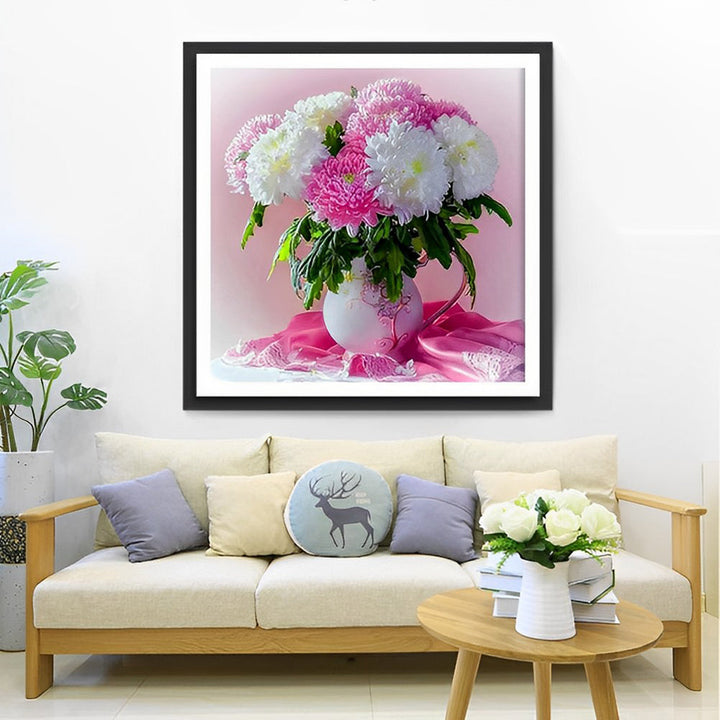 Een Vaas vol Roze en Witte Chrysanten Diamond Painting
