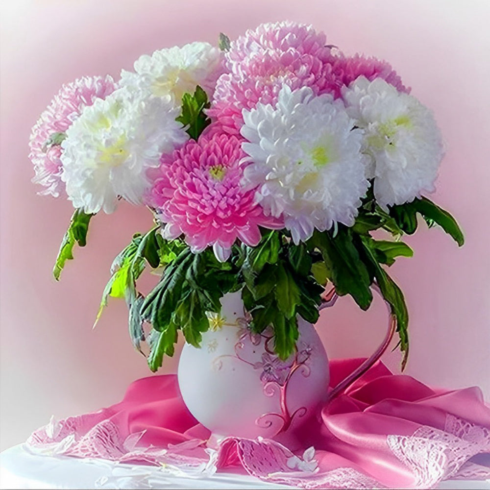 Een Vaas vol Roze en Witte Chrysanten Diamond Painting