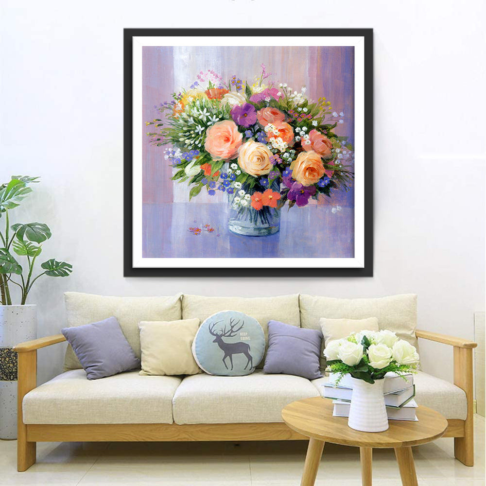 Een Vaas Vol Roze Rozen en Kleurrijke Kruidentjes Diamond Painting