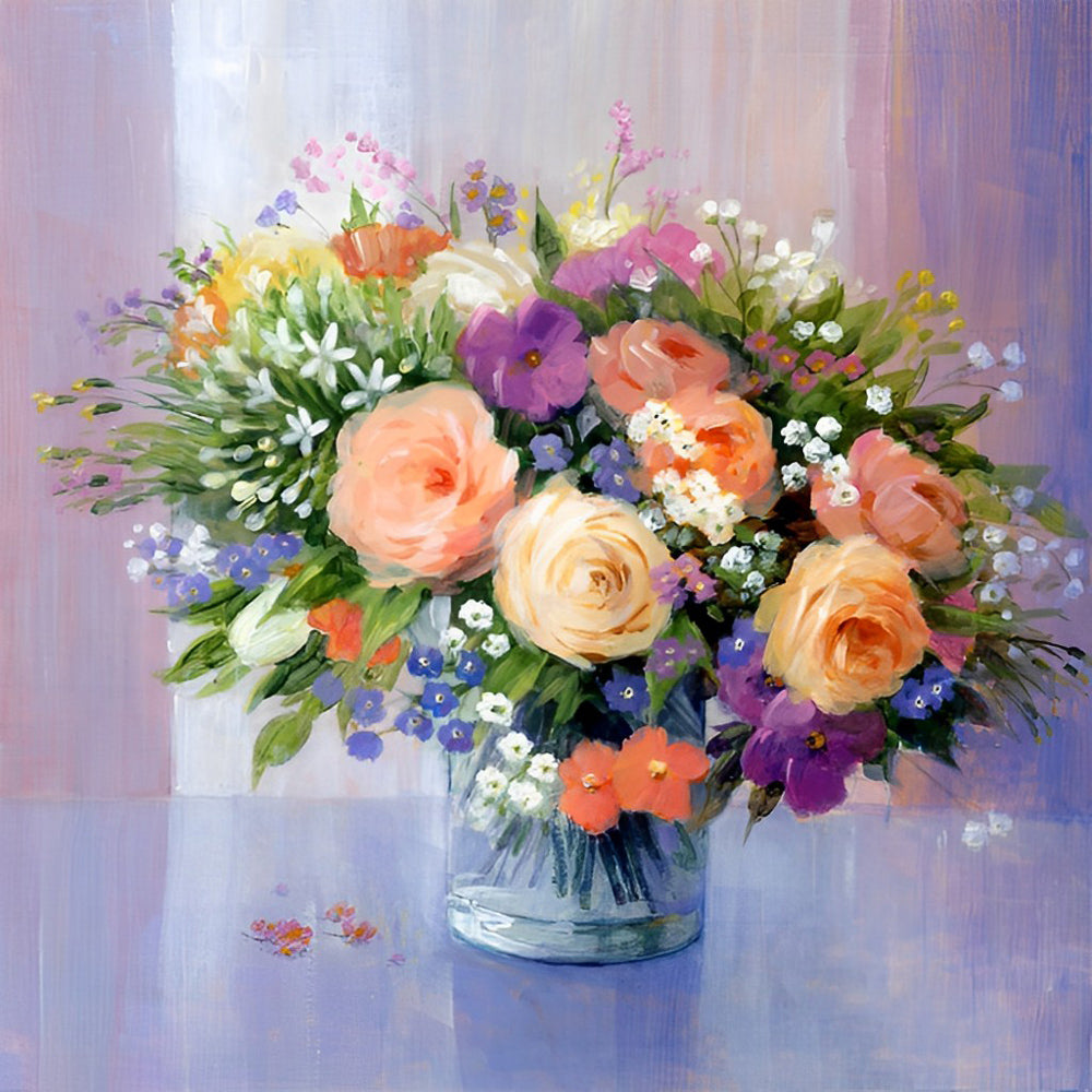 Een Vaas Vol Roze Rozen en Kleurrijke Kruidentjes Diamond Painting