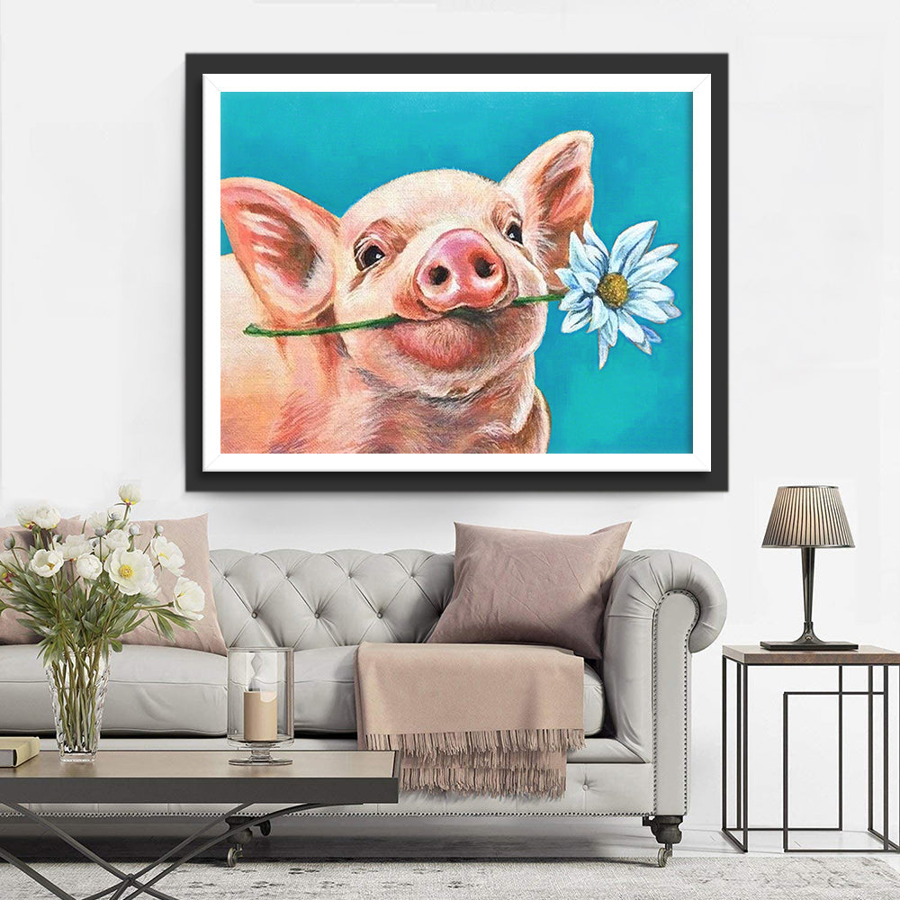 Een Varken met een Blauwe Chrysant in zijn Bek Diamond Painting