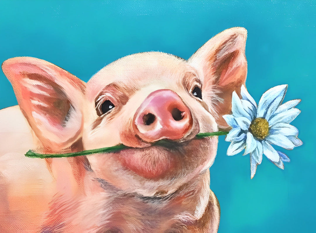Een Varken met een Blauwe Chrysant in zijn Bek Diamond Painting