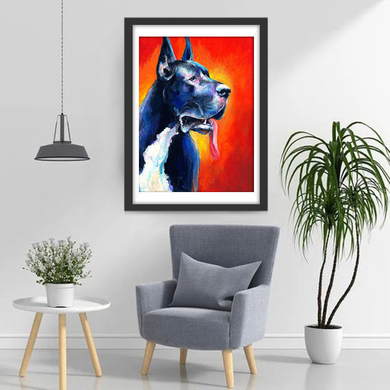 Een Vermoeide hond op een Rode Achtergrond Diamond Painting