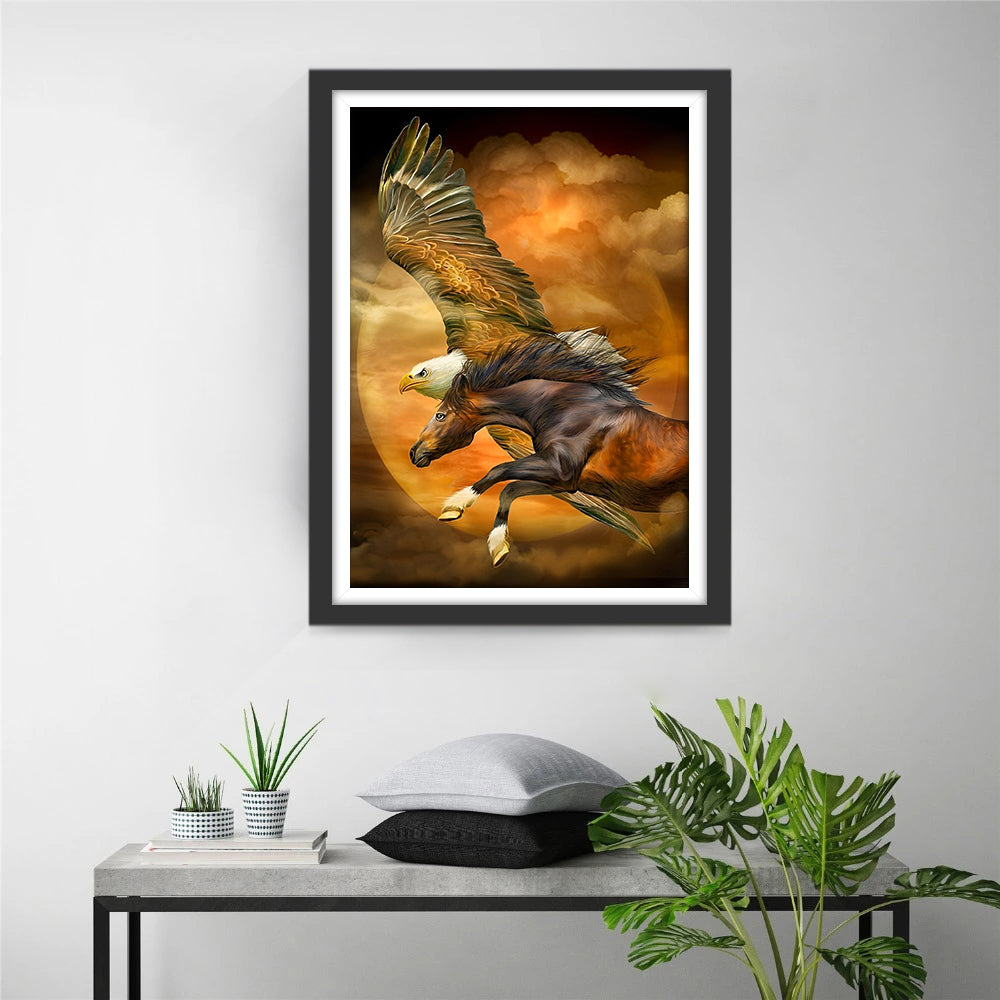 Een Vliegende Adelaar en een Rennend Paard Diamond Painting