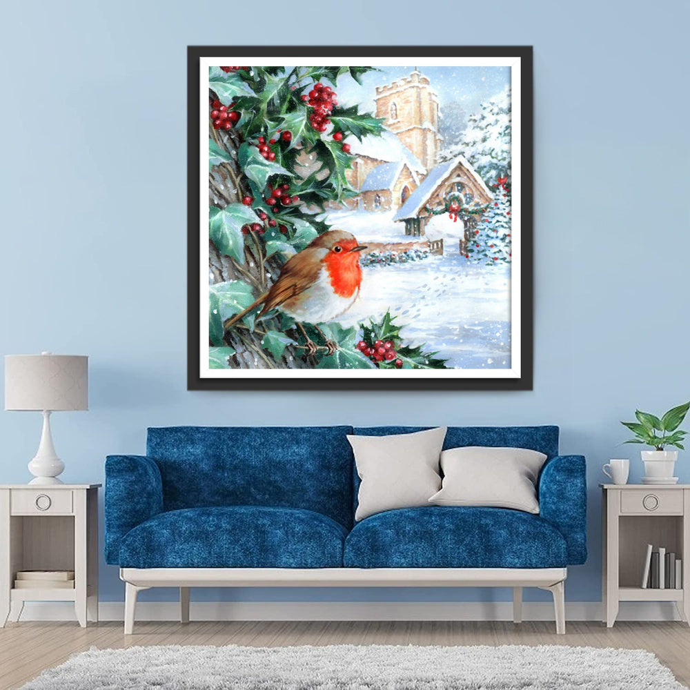 Een Vogel in een Fruitboom in een Besneeuwde Stad Diamond Painting