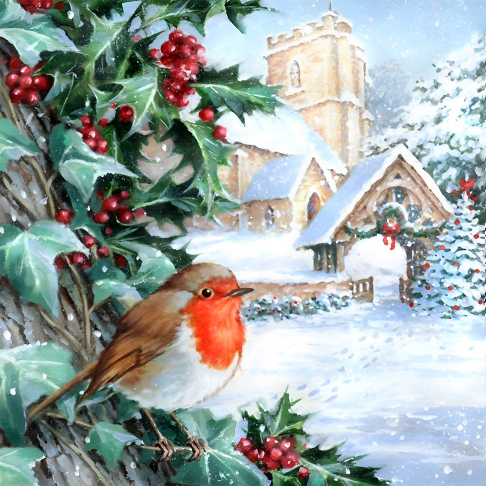 Een Vogel in een Fruitboom in een Besneeuwde Stad Diamond Painting