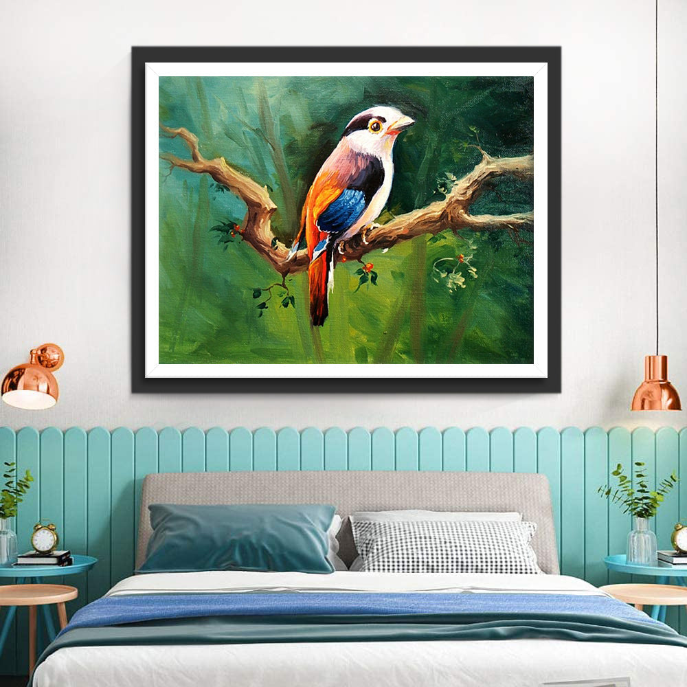 Een Vogel op een Tak in het Groene Bos Diamond Painting