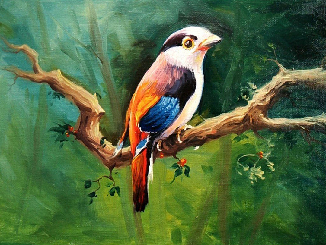 Een Vogel op een Tak in het Groene Bos Diamond Painting