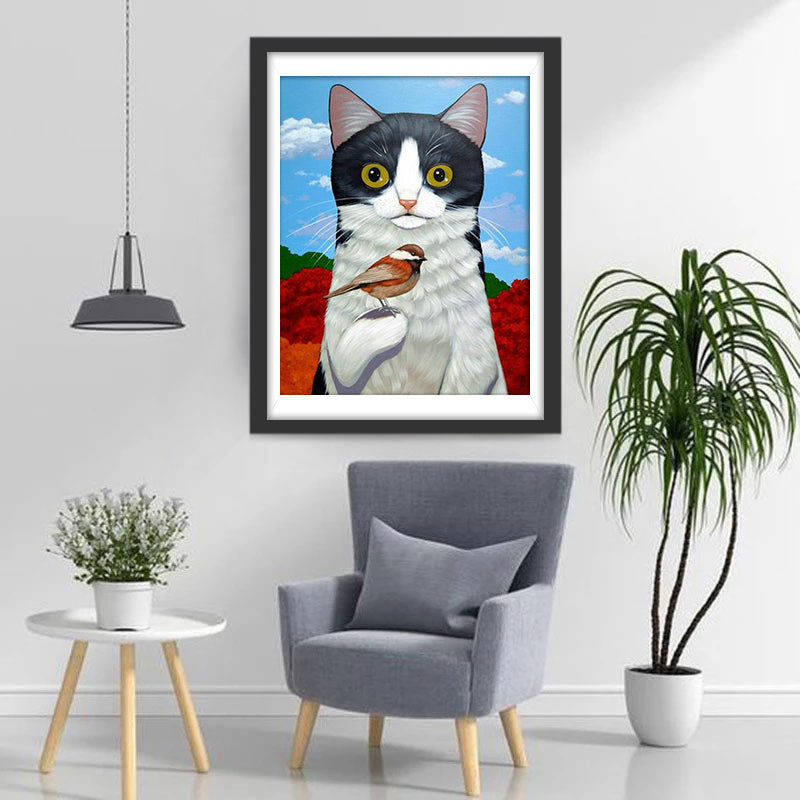 Een Vogel Rust op de Hand van de Kat Diamond Painting