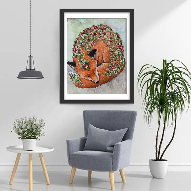 Een Vos met een Bloemen- en Bladpatroon op zijn Lichaam Diamond Painting