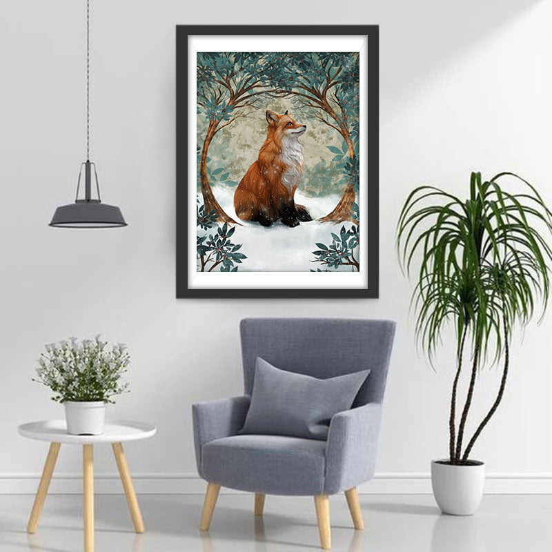 Een Vos onder een Boom in de Sneeuw Diamond Painting