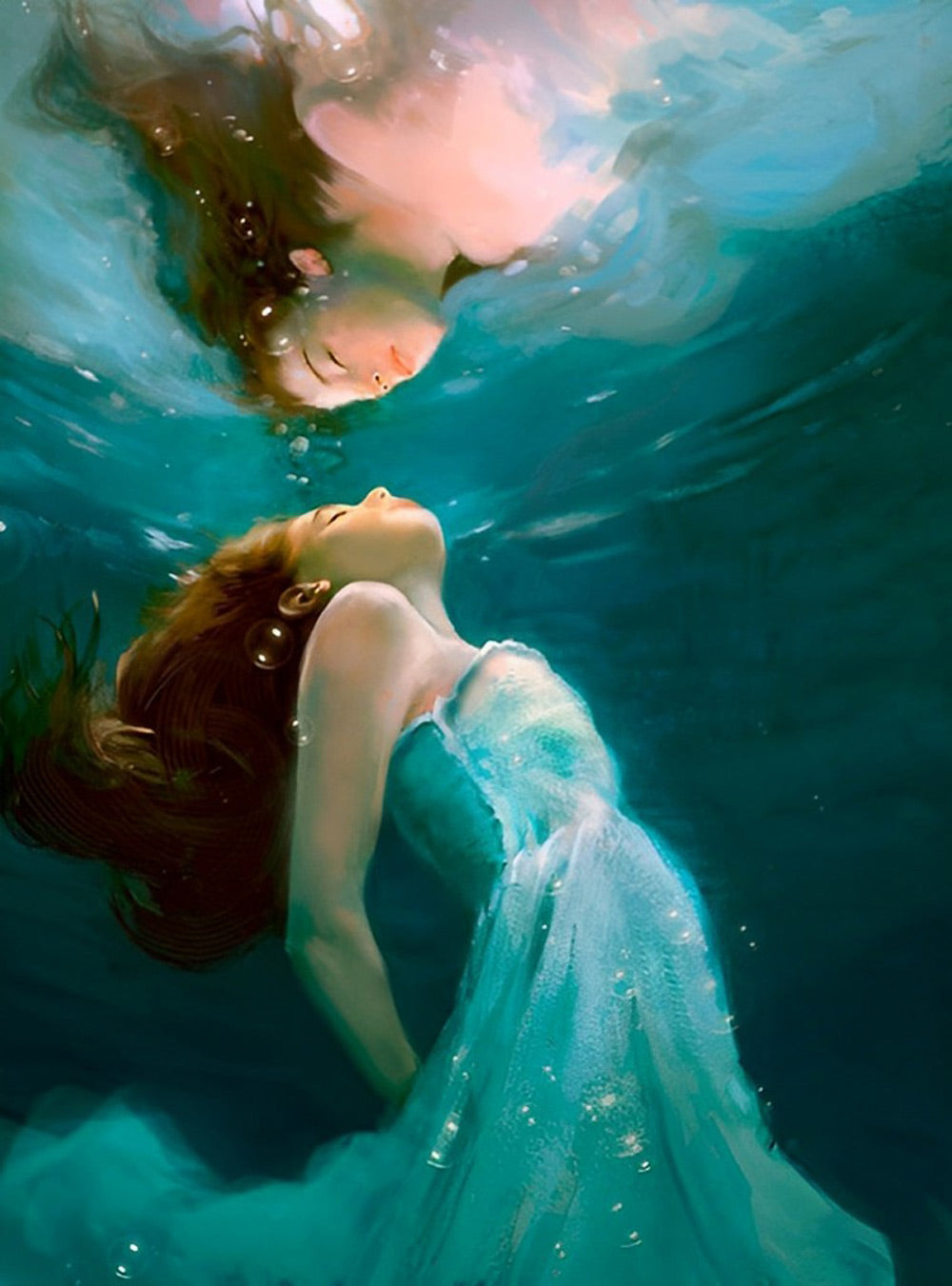 Een Vrouw in een Blauwe Jurk in het Water Diamond Painting