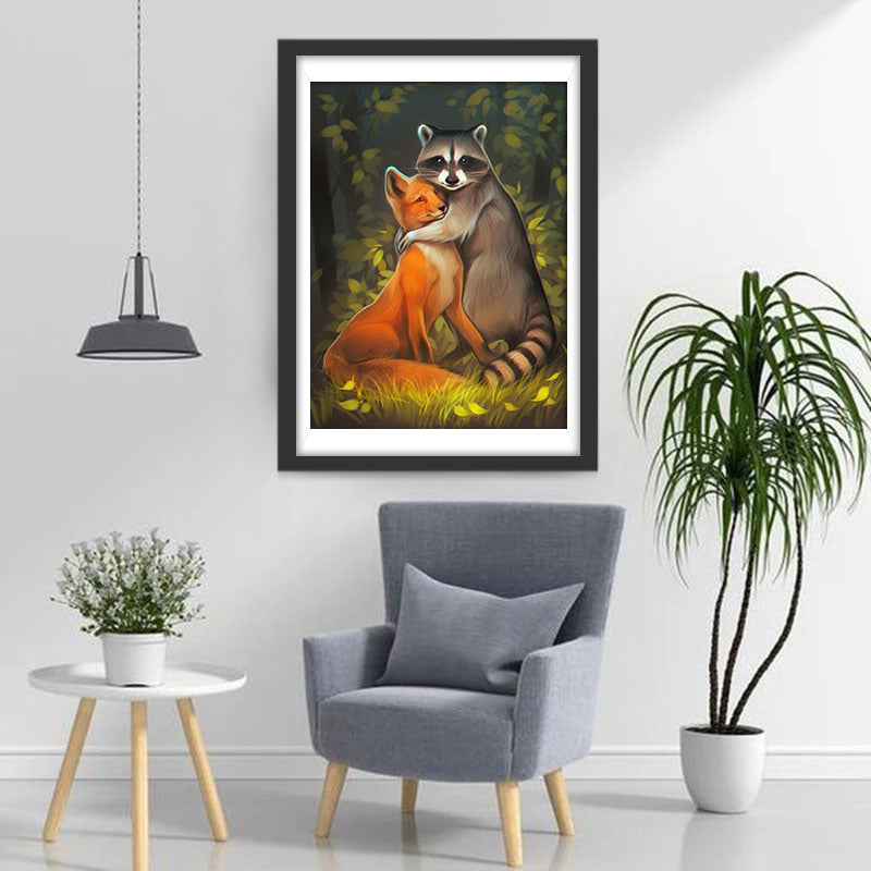 Een Wasbeer omhelst een Vos Diamond Painting