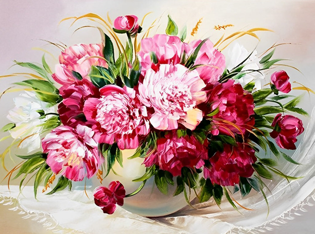 Een Weelderige Boeket Pioenrozen in Een Vaas Diamond Painting