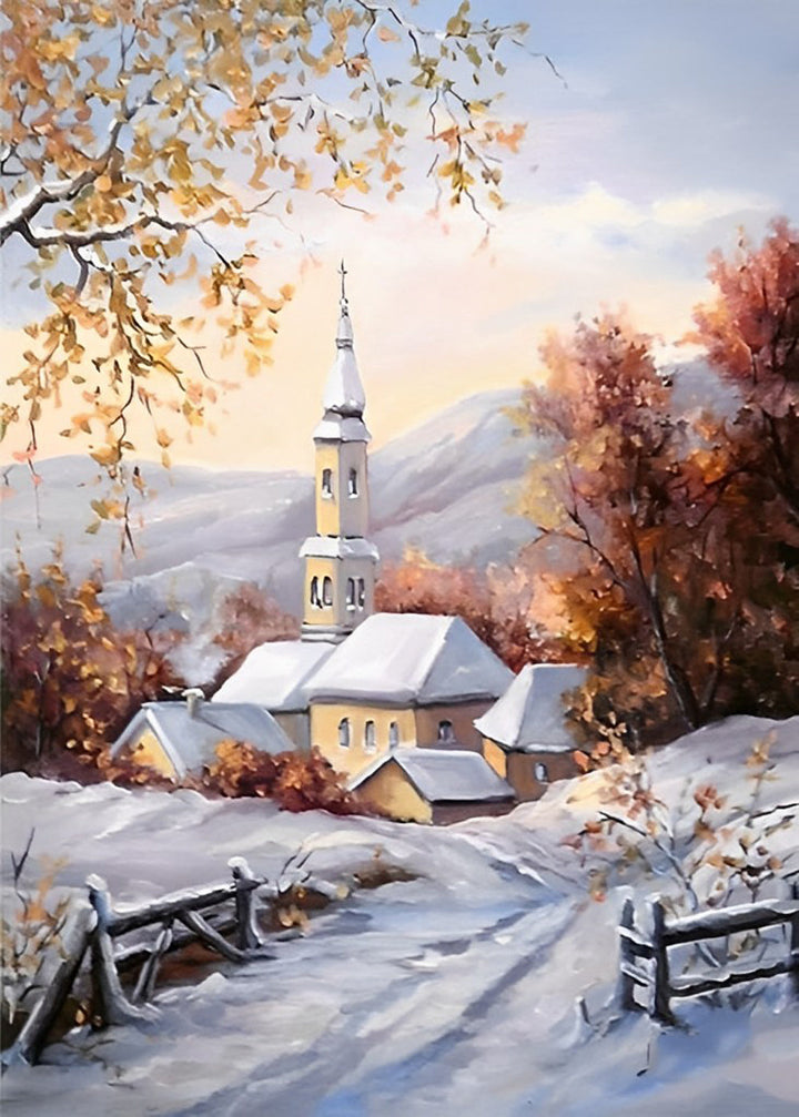 Een Winters Dorpsgezicht met Kerktoren onder Gele Bladeren Diamond Painting