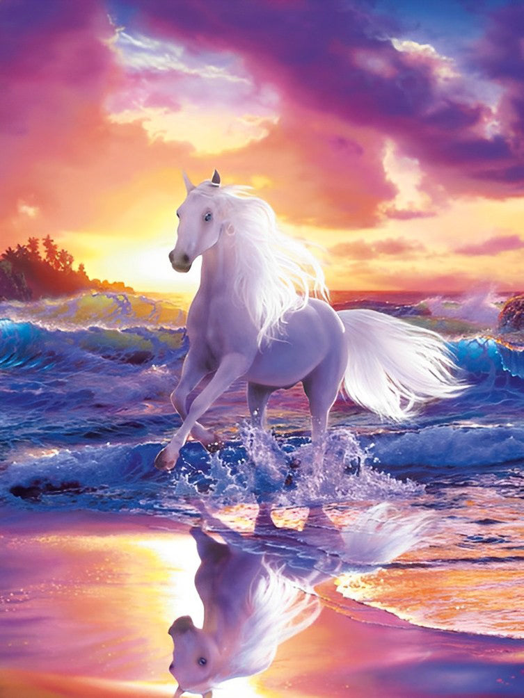 Een Wit Paard aan Zee onder een Kleurrijke Hemel Diamond Painting