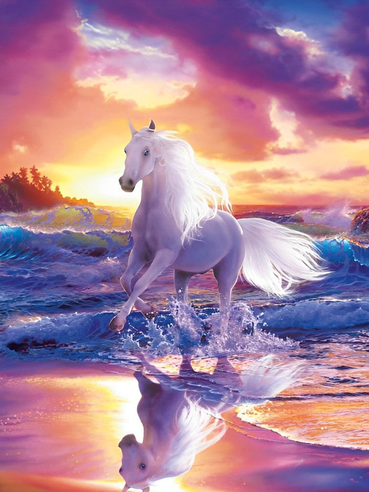 Een Wit Paard aan Zee onder een Kleurrijke Hemel Diamond Painting