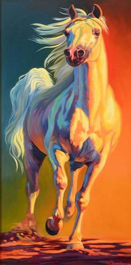 Een Wit Paard op een Groene en Oranje Achtergrond Diamond Painting