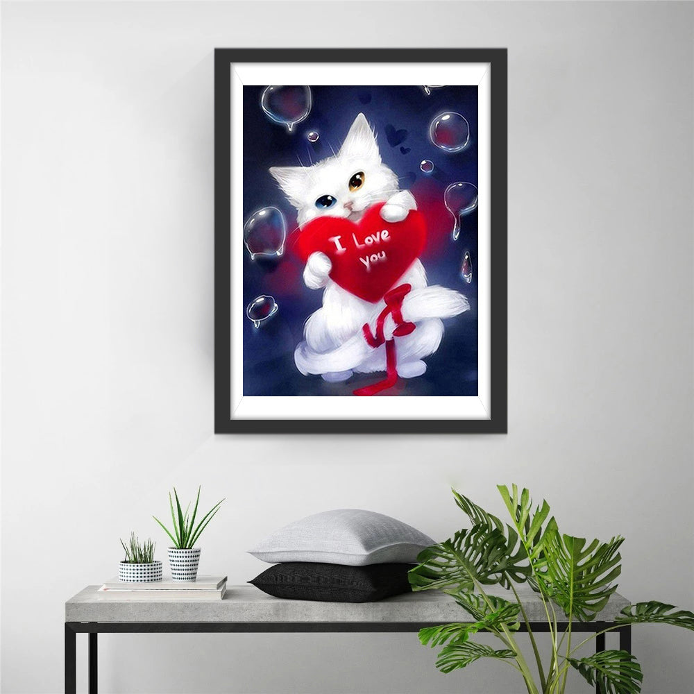 Een Witte Kat Houdt een Rood Hart vast met de Tekst 'I Love You' Diamond Painting