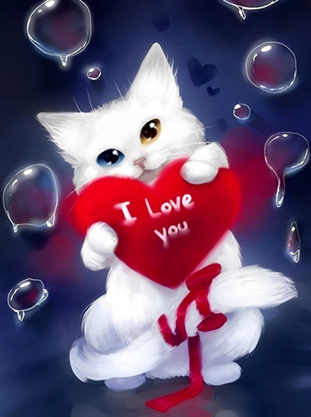 Een Witte Kat Houdt een Rood Hart vast met de Tekst 'I Love You' Diamond Painting
