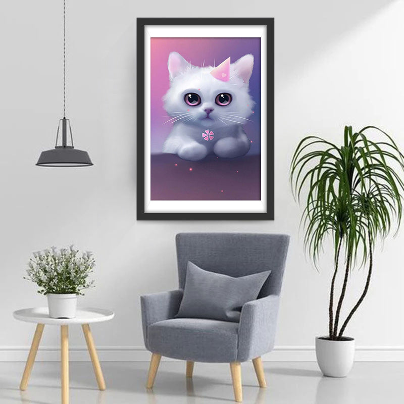 Een Witte Kat met een Klein Roze Hoedje Diamond Painting
