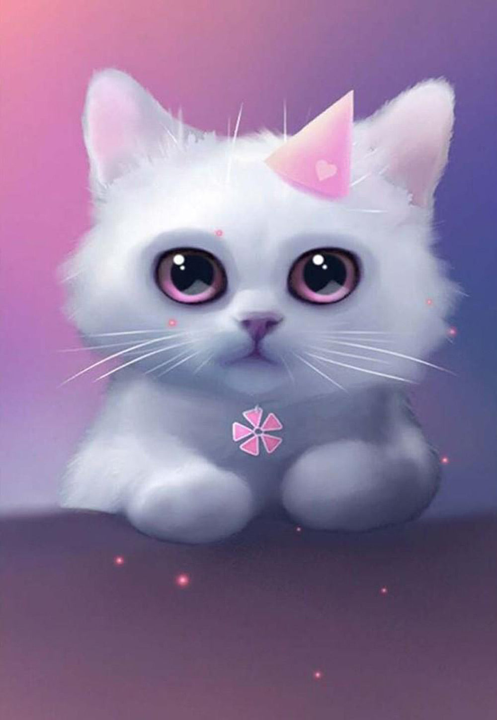 Een Witte Kat met een Klein Roze Hoedje Diamond Painting