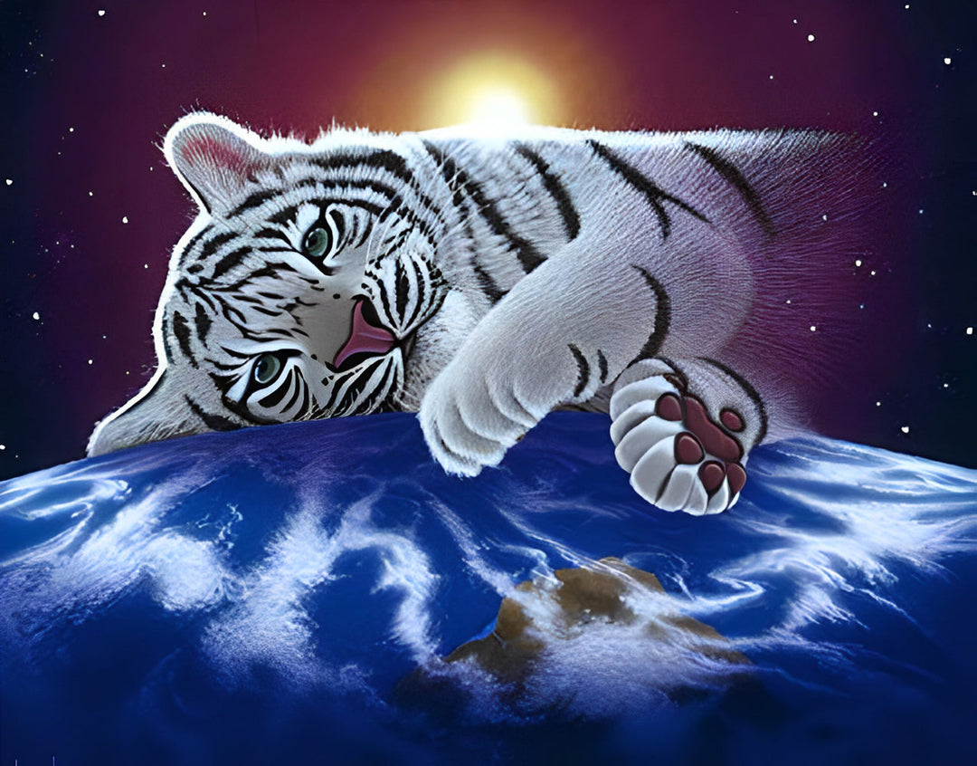Een Witte Tijger ligt op een Heuvel Diamond Painting