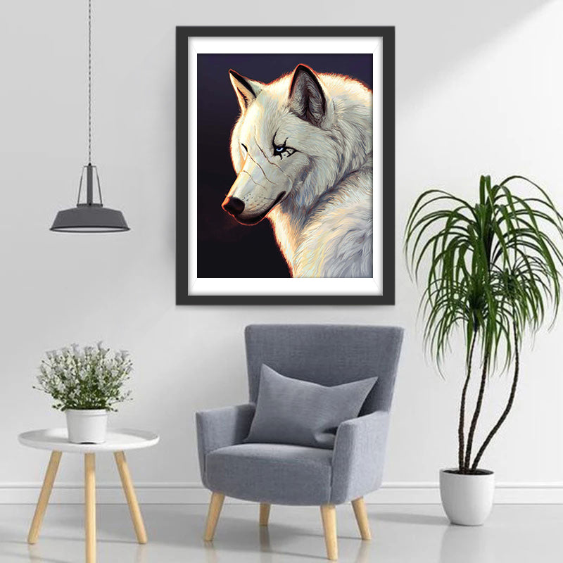 Een Witte Wolf met Krassen op zijn Gezicht Diamond Painting
