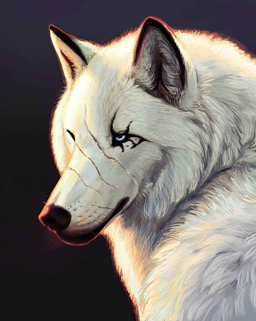 Een Witte Wolf met Krassen op zijn Gezicht Diamond Painting