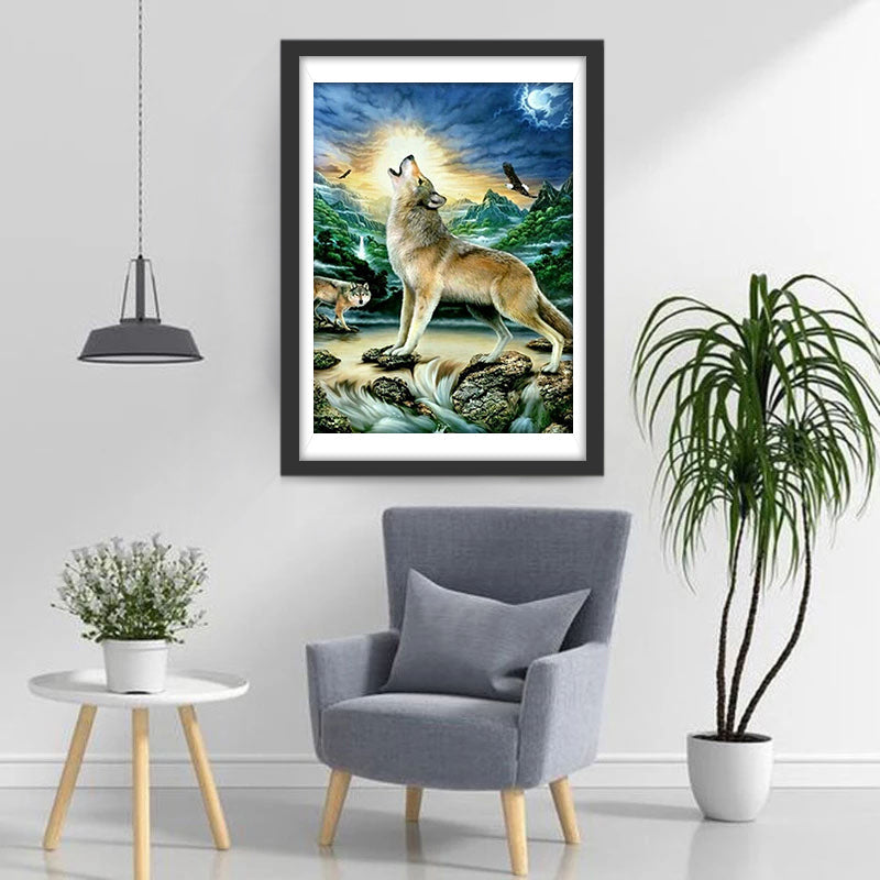 Een Wolf aan de Kust en een Wolf die Huilt in de Rivier Diamond Painting