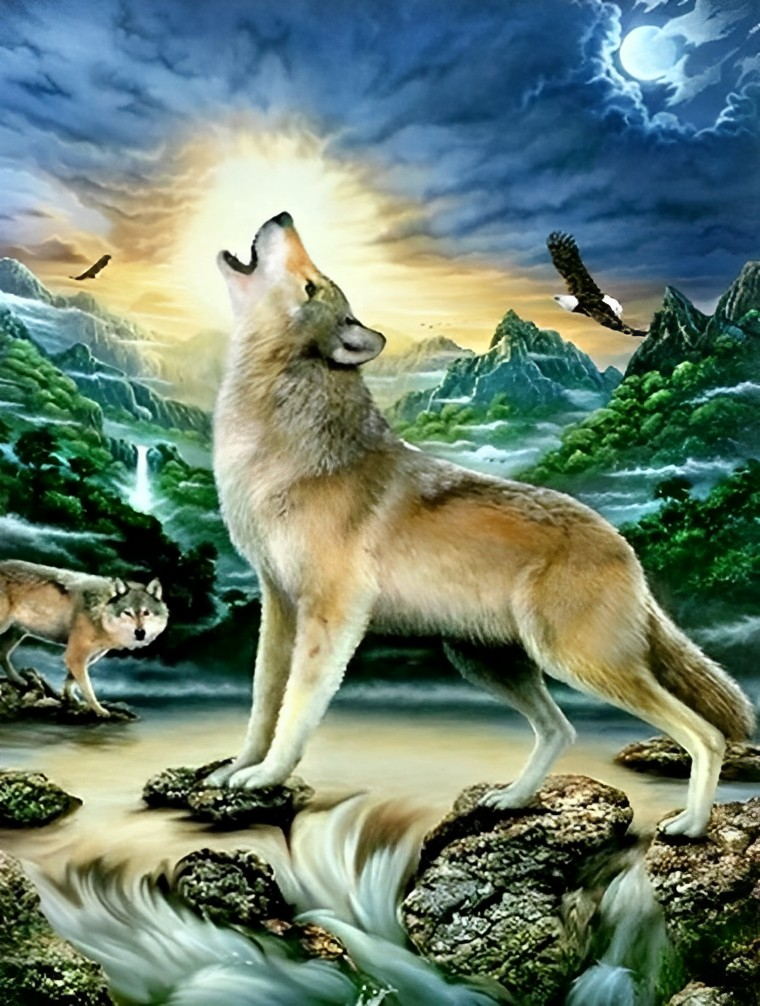 Een Wolf aan de Kust en een Wolf die Huilt in de Rivier Diamond Painting