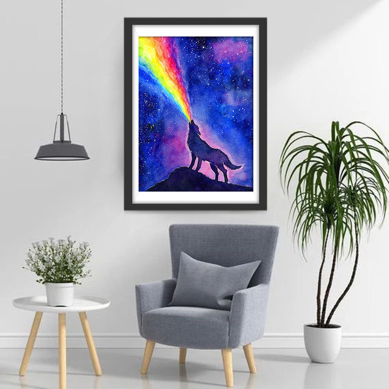 Een Wolf die Regenbogen Spuwt onder de Sterrenhemel Diamond Painting