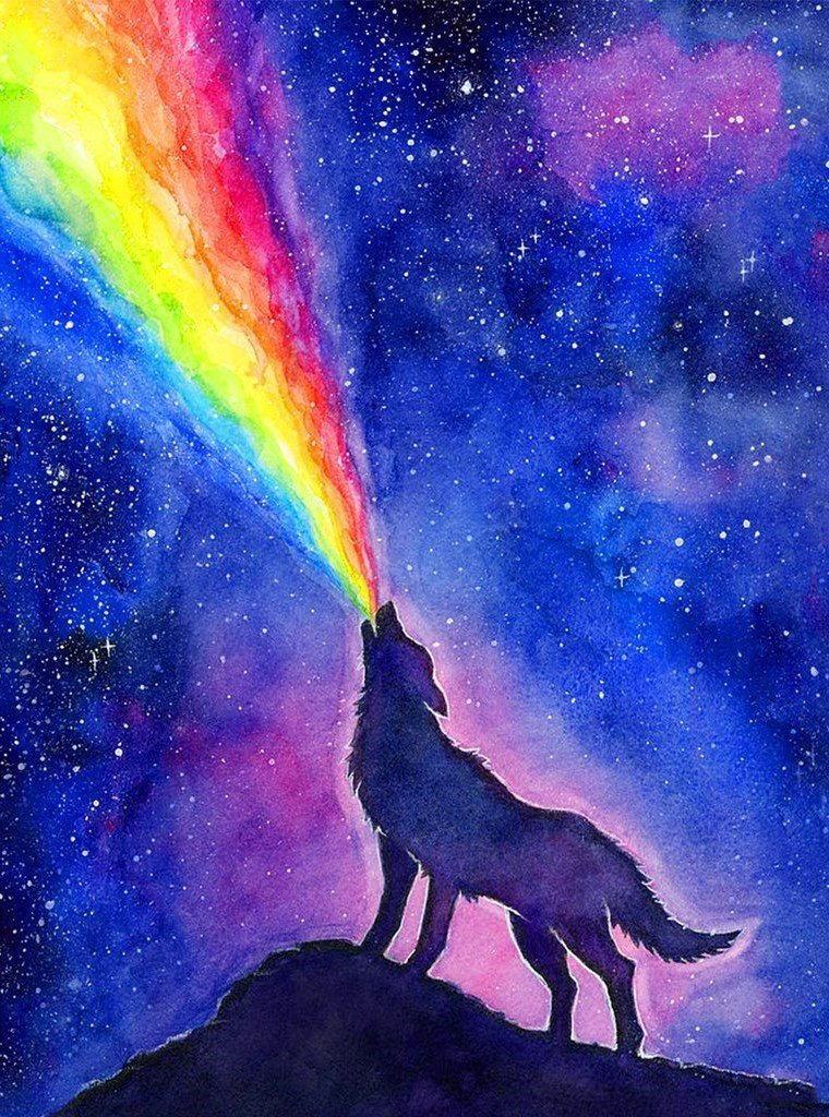 Een Wolf die Regenbogen Spuwt onder de Sterrenhemel Diamond Painting