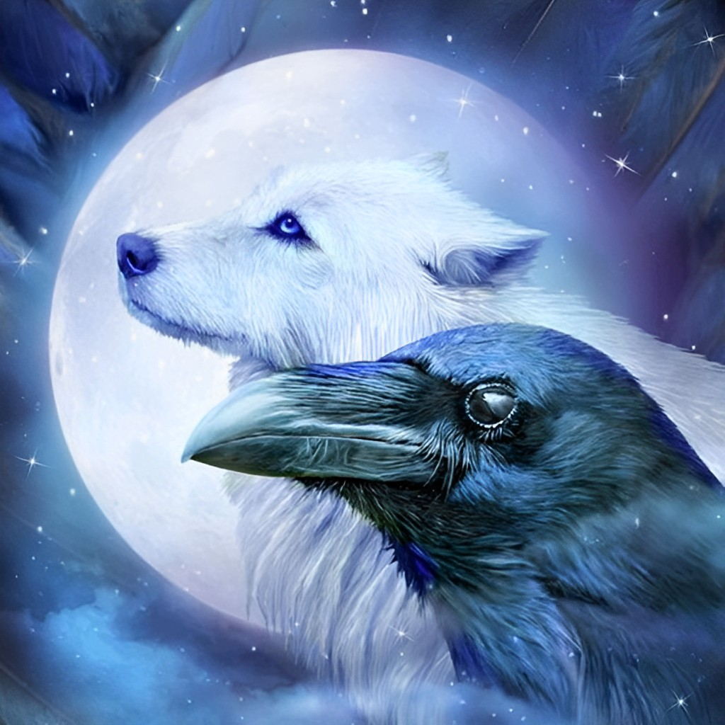 Een Wolf en een Vogel voor de Maan Diamond Painting